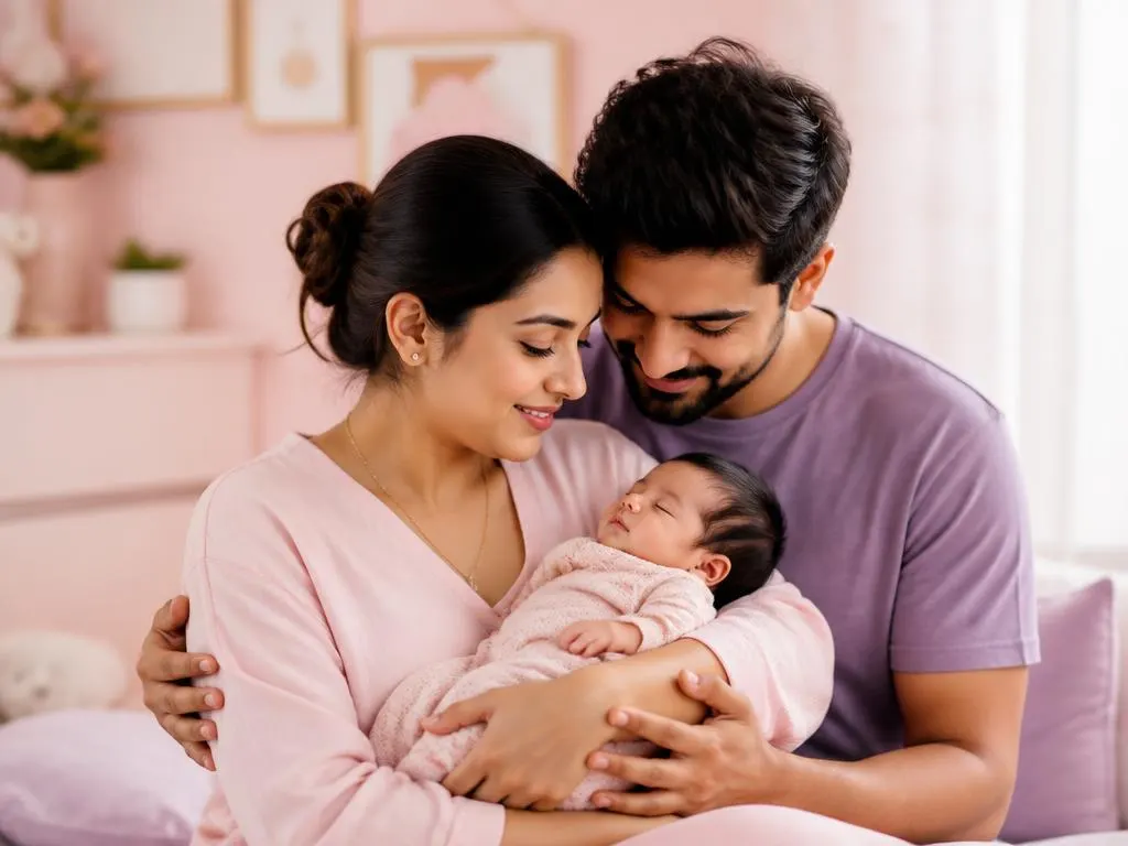 An Indian couple holding their newborn baby together at home