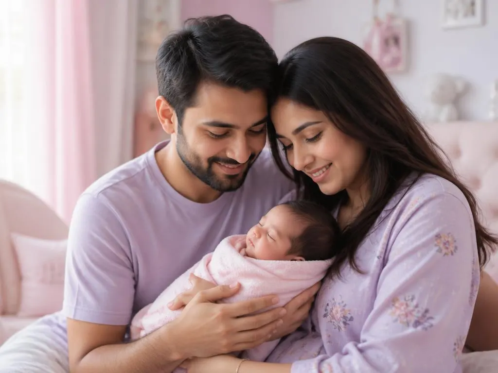 An Indian couple gently holding their newborn baby